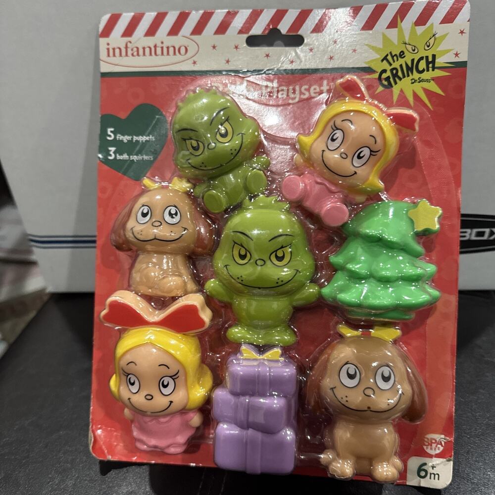 Dr. Seuss The Grinch Bath Playset 5 pcs Finger Puppets & 3 Squirters New
